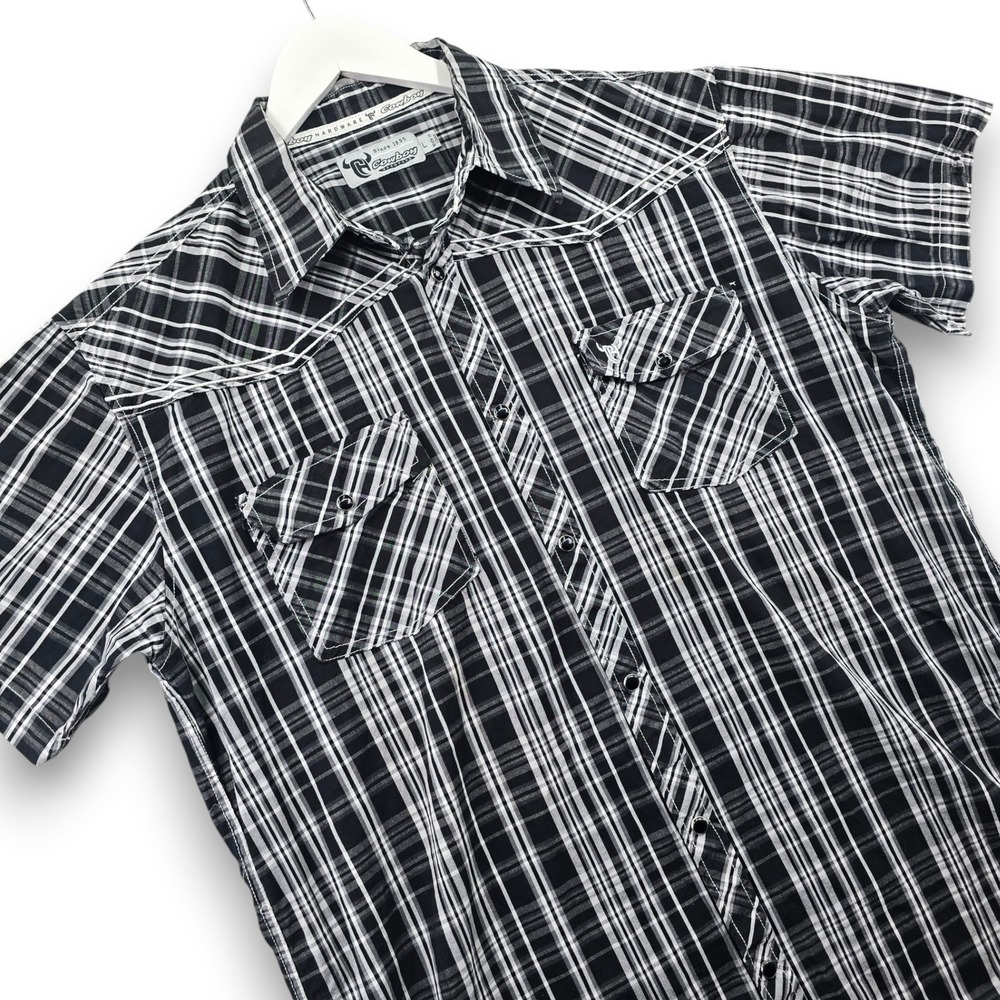 Cowboy Hardware Mens L Black White Plaid Cotton Short Sleeve Western Snap Shirt